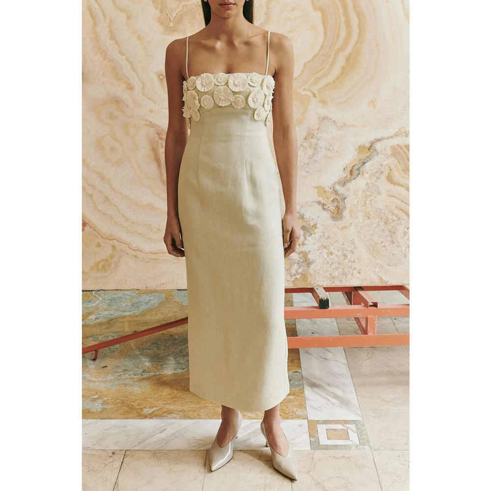 Elegant Cream Spaghetti-Strap Midi hemmed to MINI Dress with Floral Trim